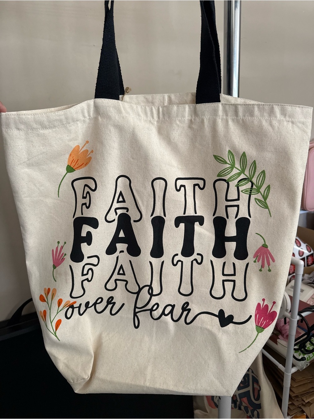 Tote Bag - Faith Over Fear Floral Print - Cream